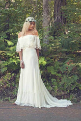 Ivory Chiffon A-line Off-the-Shoulder Bohemian Lace Beach Wedding Dresses